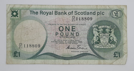 1985 The Royal Bank of Scotland UK - £1 (One) Scottish Pound Banknote P-341 Serial No. D21 118809