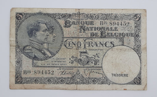 1938 Belgium, Banque Nationale Belgique - 5 (Five) Belgian Francs Banknote Serial No. B16 894452 P-108a