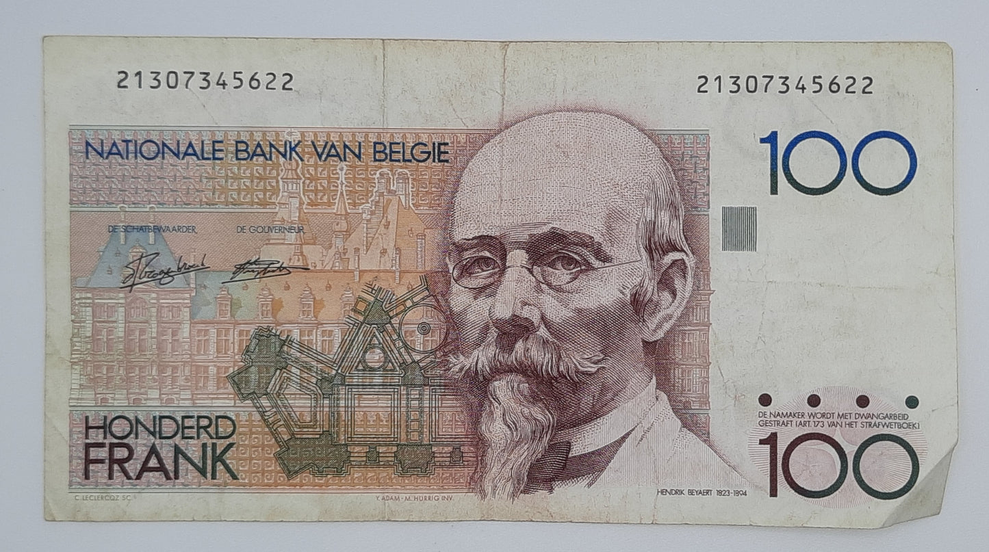 1989 Belgium, Banque Nationale Belgique - 100 Belgian Francs Banknote Serial No. 21307345622 P-142a