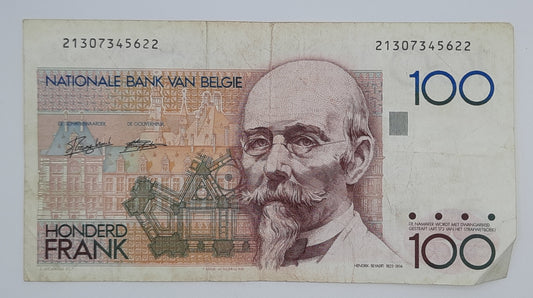 1989 Belgium, Banque Nationale Belgique - 100 Belgian Francs Banknote Serial No. 21307345622 P-142a
