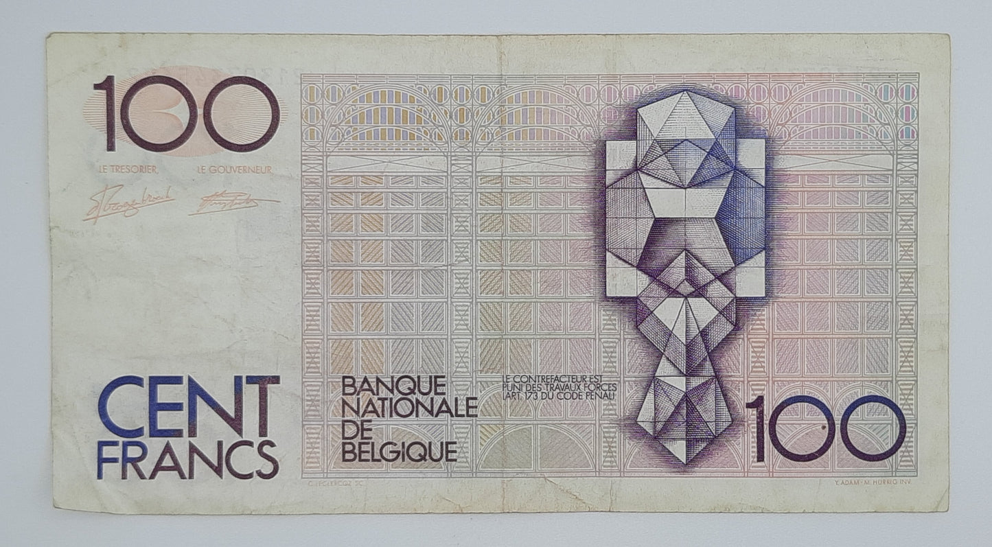 1989 Belgium, Banque Nationale Belgique - 100 Belgian Francs Banknote Serial No. 21307345622 P-142a