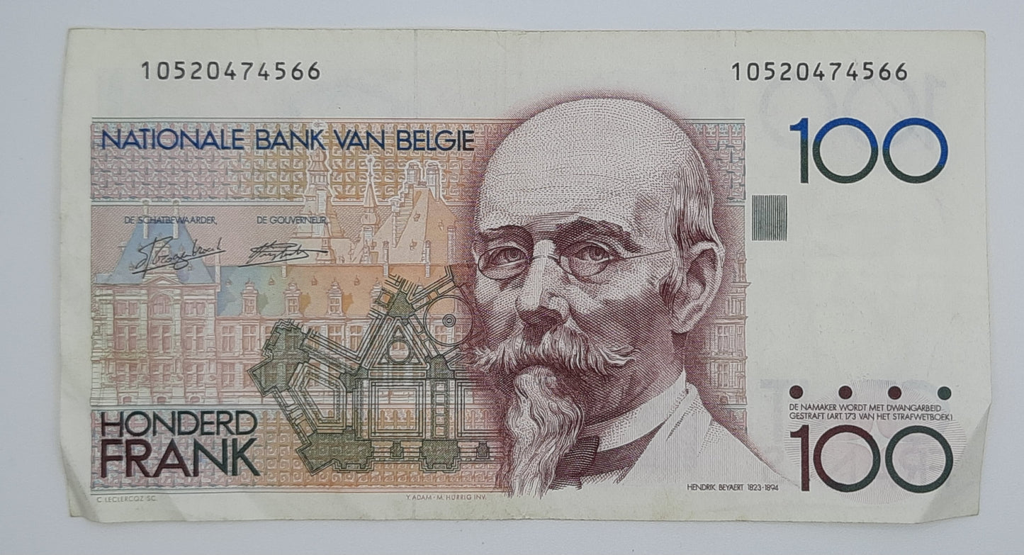 1989 Belgium, Banque Nationale Belgique - 100 Belgian Francs Banknote Serial No. 10520474566 P-142a