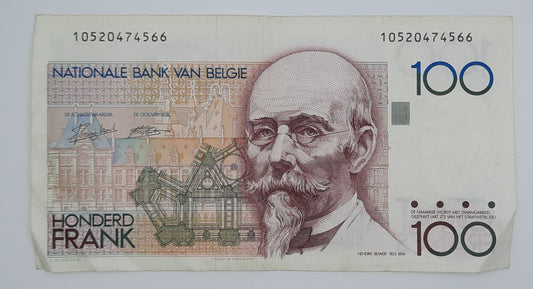 1989 Belgium, Banque Nationale Belgique - 100 Belgian Francs Banknote Serial No. 10520474566 P-142a