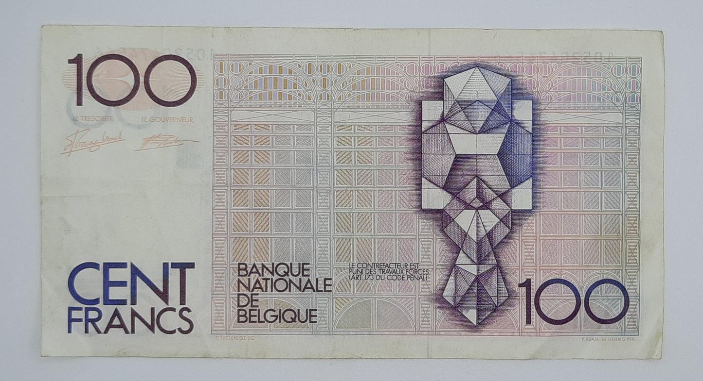 1989 Belgium, Banque Nationale Belgique - 100 Belgian Francs Banknote Serial No. 10520474566 P-142a
