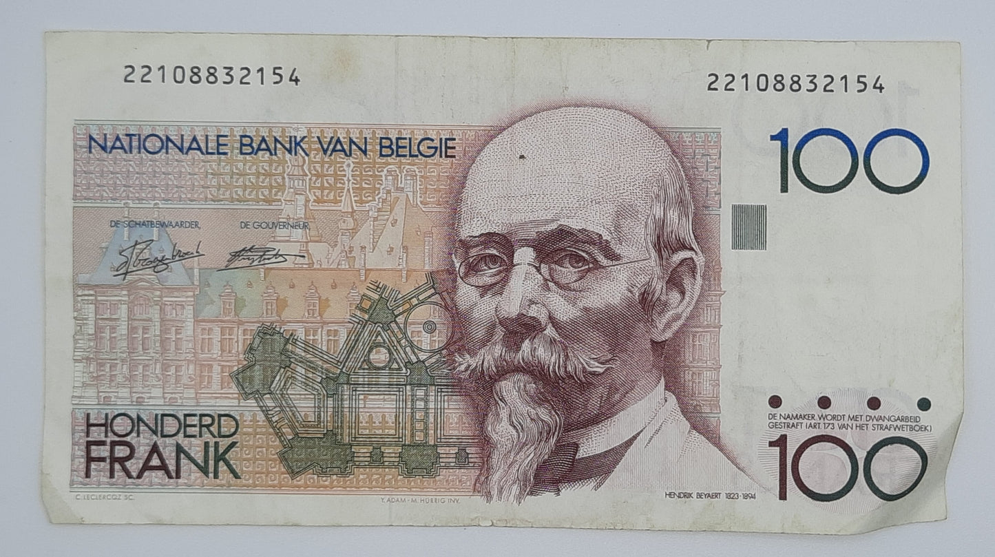 1989 Belgium, Banque Nationale Belgique - 100 Belgian Francs Banknote Serial No. 22108832154P-142a
