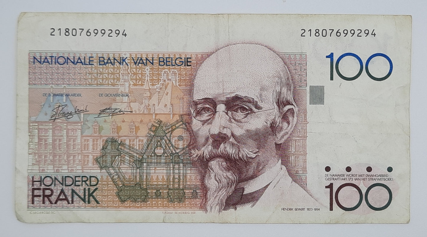 1989 Belgium, Banque Nationale Belgique - 100 Belgian Francs Banknote Serial No. 21807699294-142a