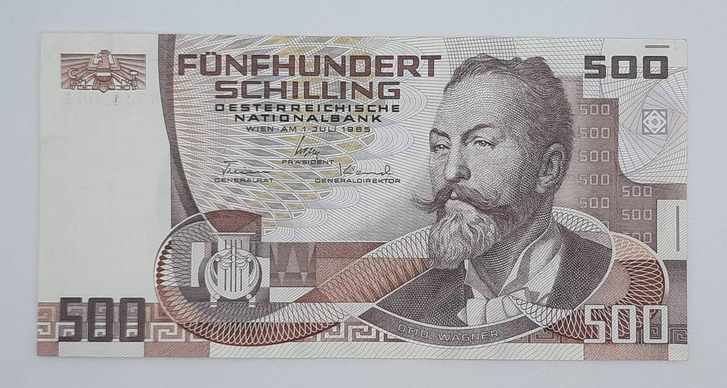 1985 Austria, Austrian National Bank - 500 Austrian Schilling Banknote Serial No. M 738506 E Otto Wagner
