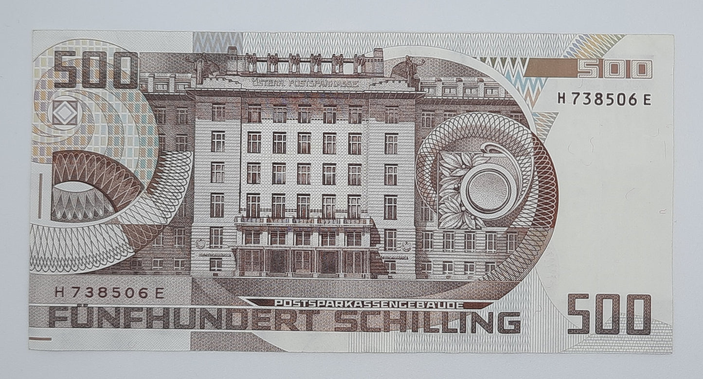 1985 Austria, Austrian National Bank - 500 Austrian Schilling Banknote Serial No. M 738506 E Otto Wagner