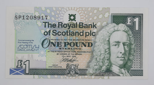 1999 The Royal Bank of Scotland UK - £1 (One) Scottish Pound Banknote P-360 Serial No. SP 12308917 Scottish Parliament