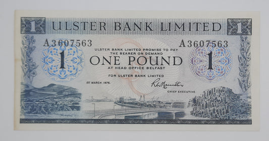 1976 Ulster Bank, Northern Ireland UK - 1 Northern Irish Pound Note Serial No. A 3607563 P-325b