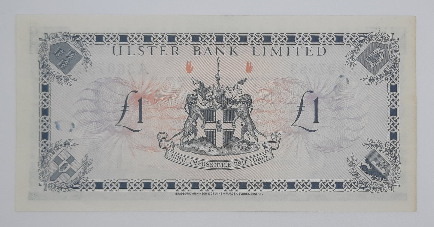 1976 Ulster Bank, Northern Ireland UK - 1 Northern Irish Pound Note Serial No. A 3607563 P-325b