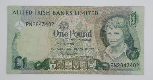 1982 Allied Irish Banks Ltd Northern Ireland UK - 1 Northern Irish Pound Note Serial No. PN 2843402 P-1a