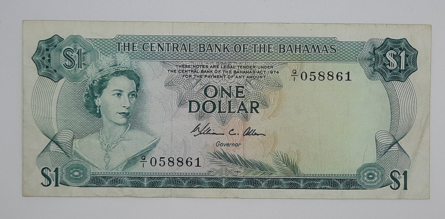 1974 The Central Bank of the Bahamas - 1 (One) Dollar Banknote Serial No. Q1 058861 P-35b
