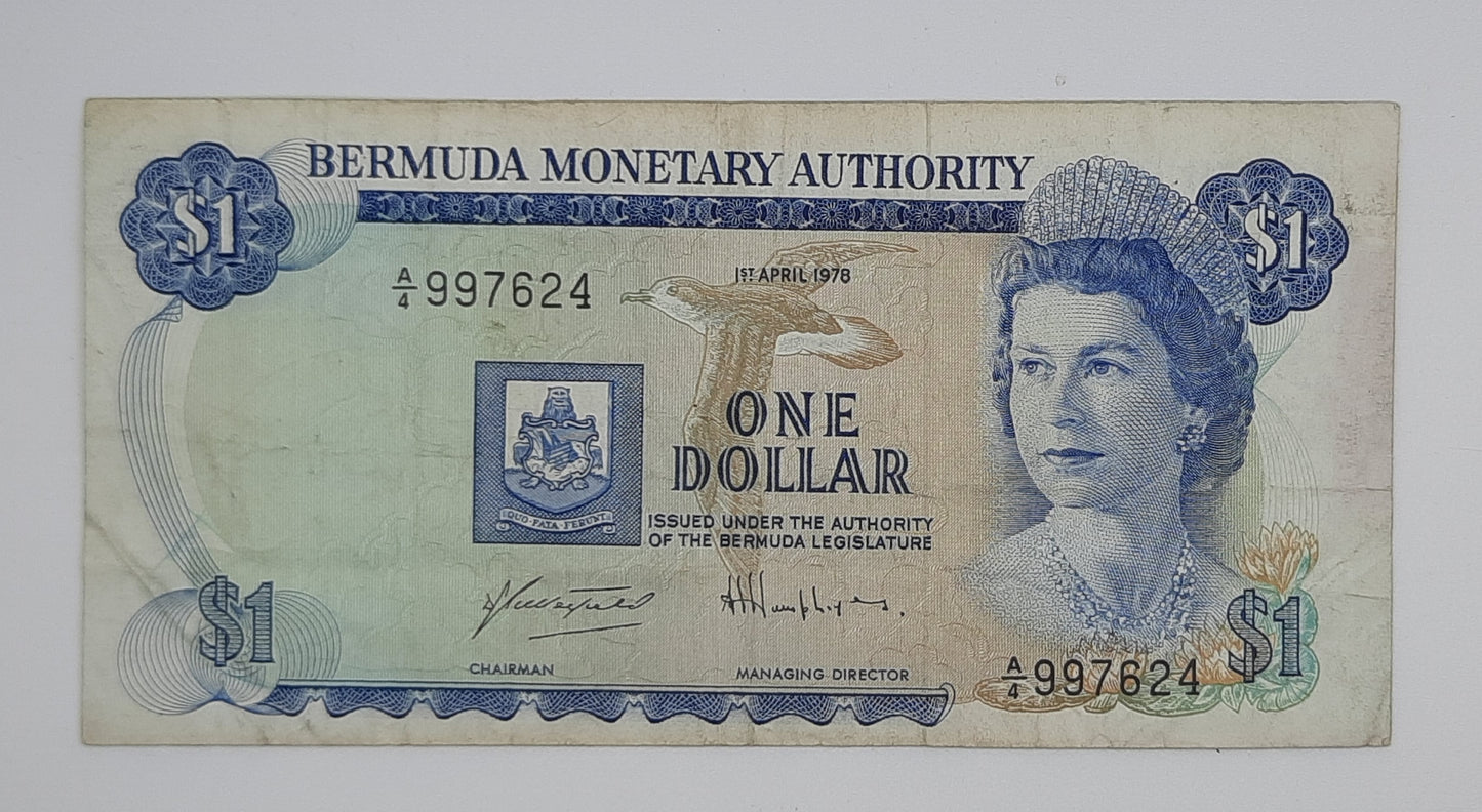 1978 Bermuda Monetary Authority - 1 (One) Dollar BMD Banknote Serial No. A4 997624 P-28c