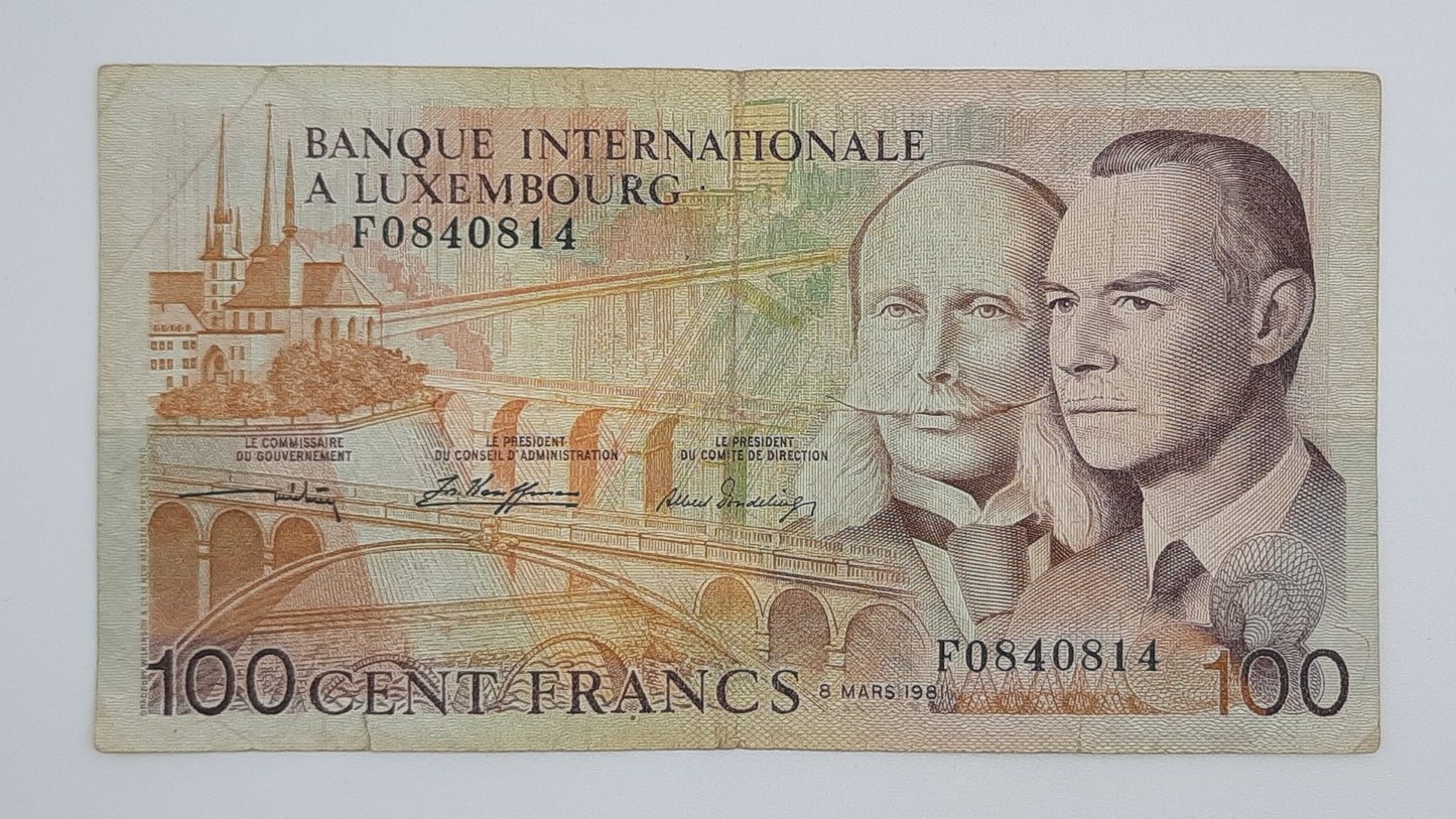 1981 Banque Internationale A Luxembourg 100 Francs Banknote P-14a Serial No. F 0840814