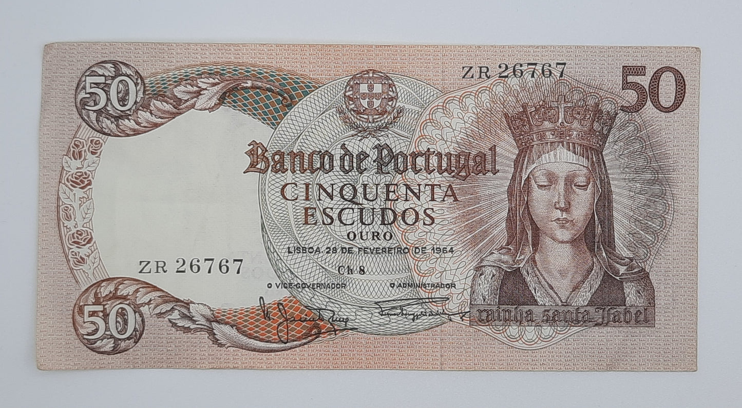 1964 Banco De PORTUGAL 50 Portuguese Escudos Banknote P-168 Serial No. ZR 26767