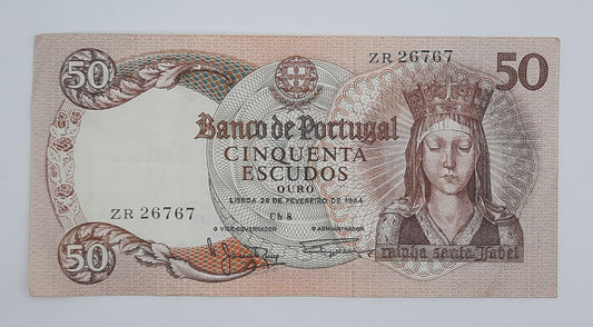1964 Banco De PORTUGAL 50 Portuguese Escudos Banknote P-168 Serial No. ZR 26767