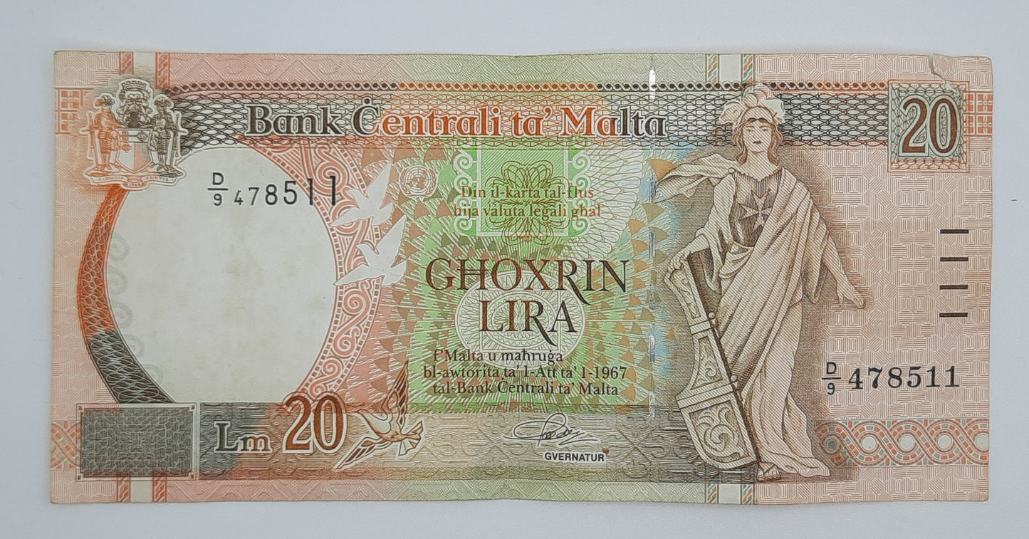 1994 Bank Centrali ta' Malta 20 Maltese Pounds Lira Banknote P-48 Serial No. D9 478511