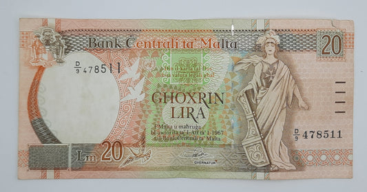 1994 Bank Centrali ta' Malta 20 Maltese Pounds Lira Banknote P-48 Serial No. D9 478511
