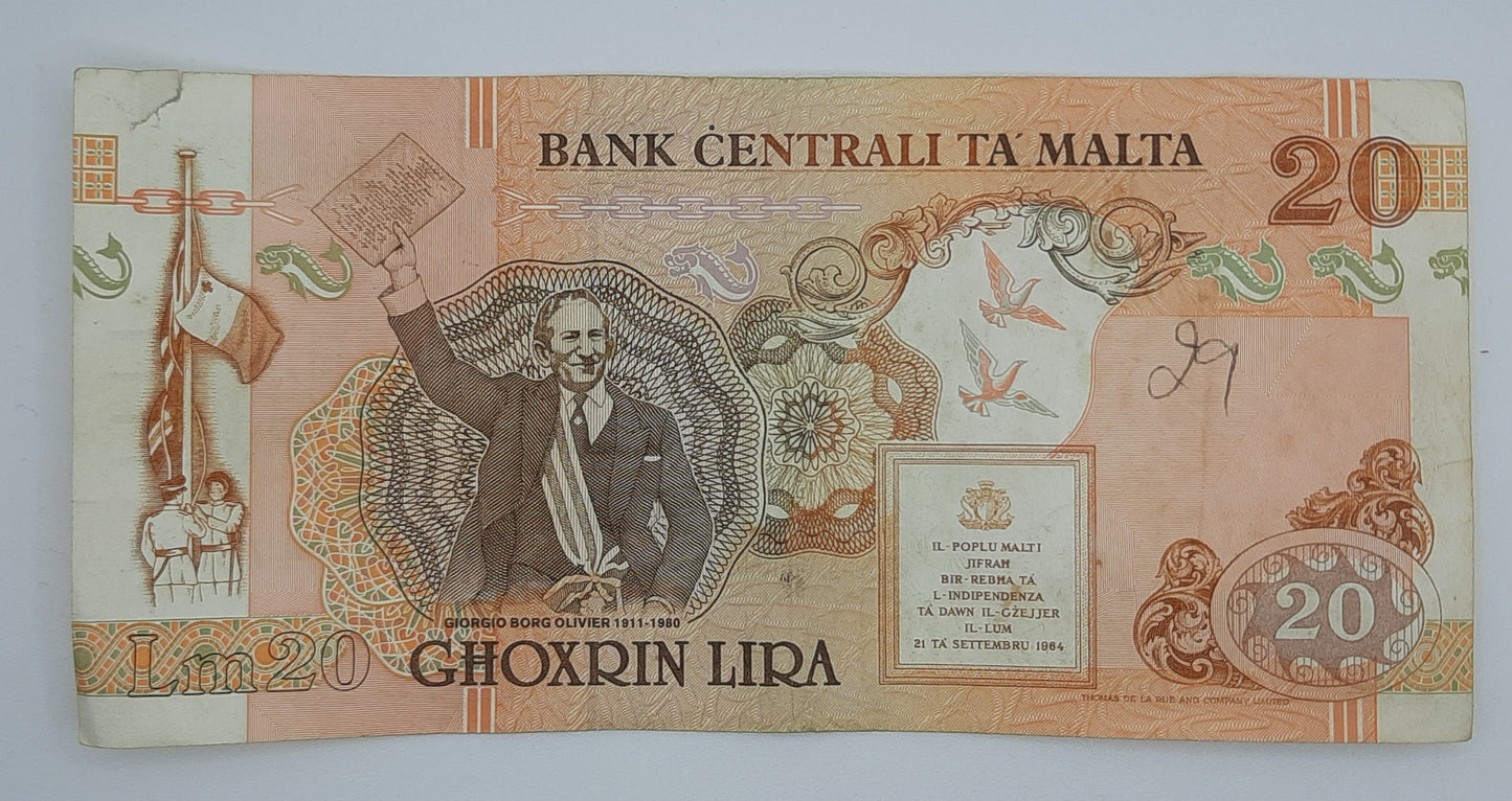 1994 Bank Centrali ta' Malta 20 Maltese Pounds Lira Banknote P-48 Serial No. D9 478511