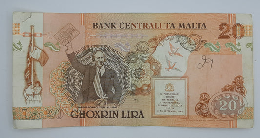 1994 Bank Centrali ta' Malta 20 Maltese Pounds Lira Banknote P-48 Serial No. D9 478511