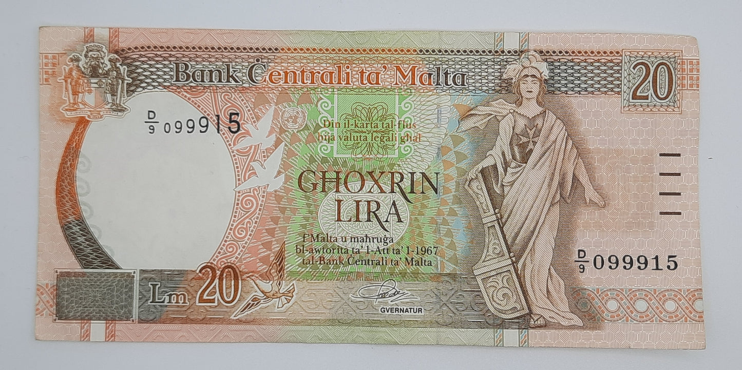 1994 Bank Centrali ta' Malta 20 Maltese Pounds Lira Banknote P-48 Serial No. D9 099915