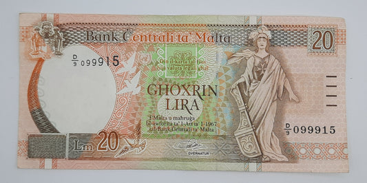 1994 Bank Centrali ta' Malta 20 Maltese Pounds Lira Banknote P-48 Serial No. D9 099915
