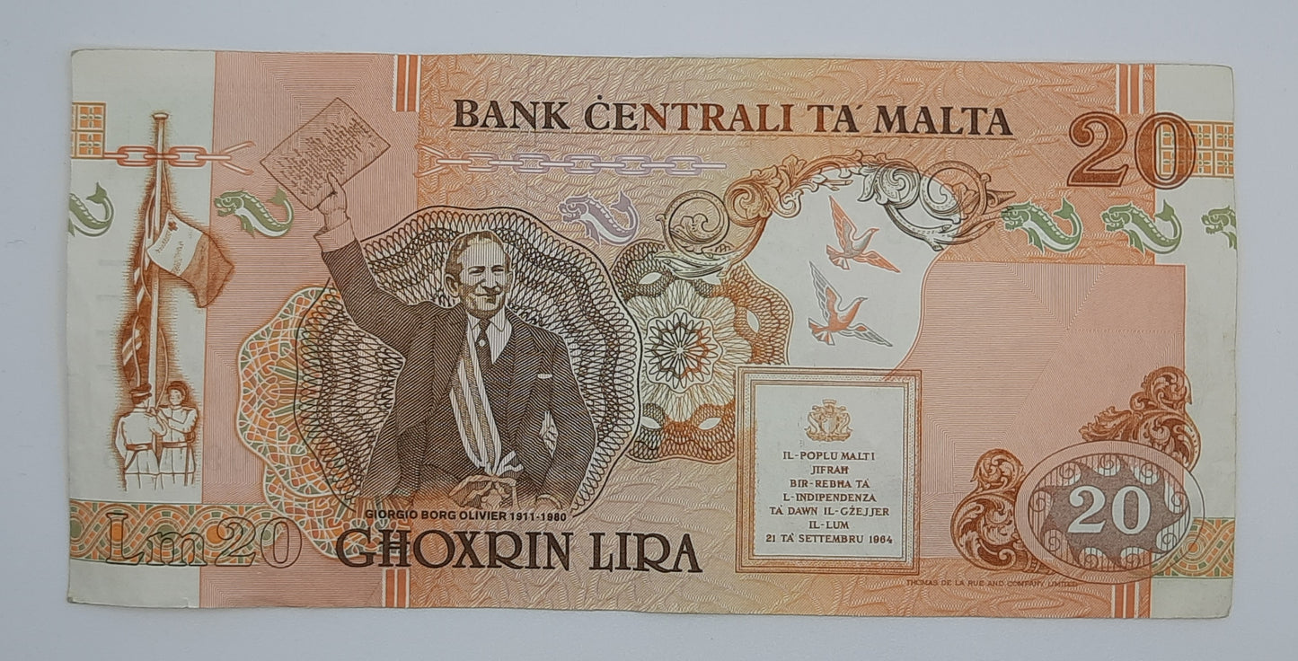 1994 Bank Centrali ta' Malta 20 Maltese Pounds Lira Banknote P-48 Serial No. D9 099915