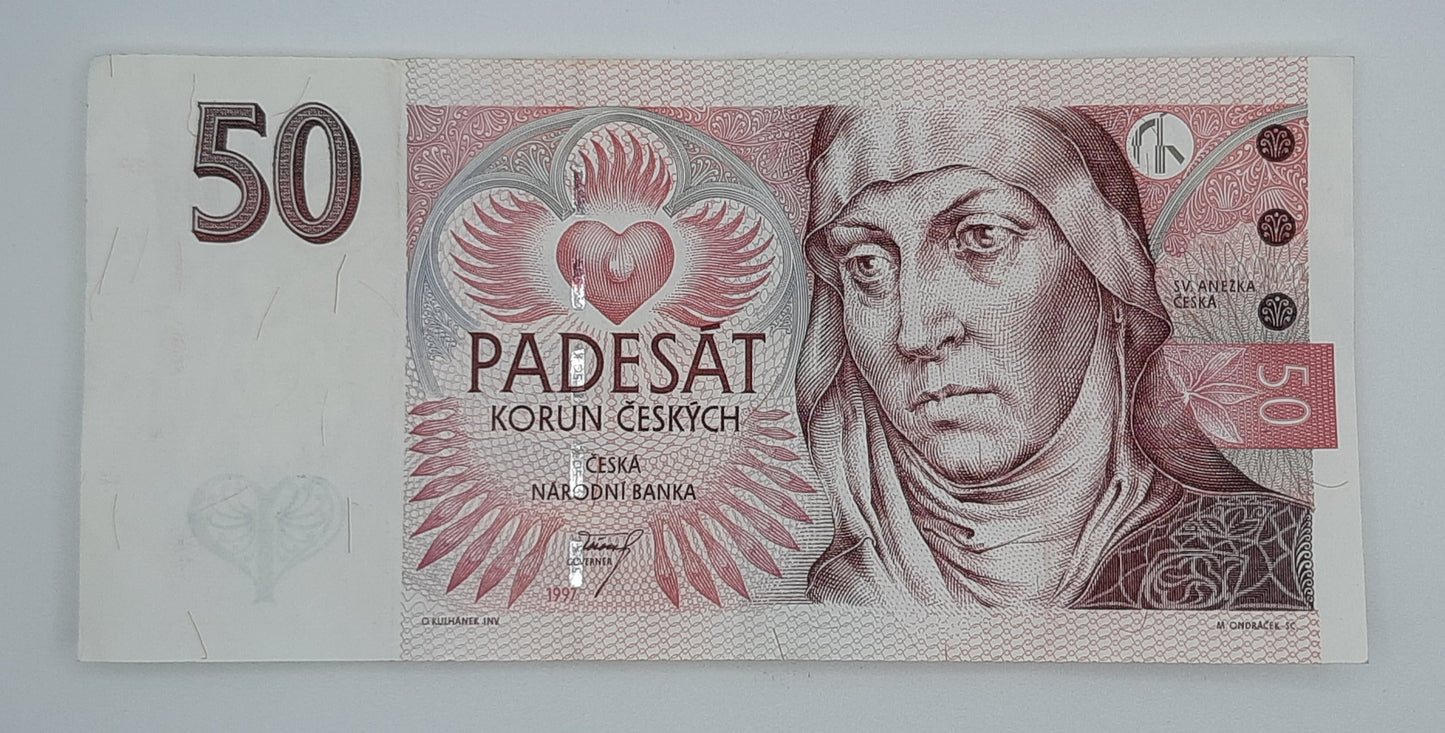 1997 Czech Republic Ceska Narodni Banka 50 Czech Korun Koruna Banknote Serial No. E45 201595 P-17