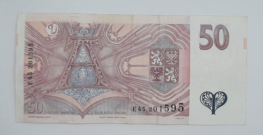 1997 Czech Republic Ceska Narodni Banka 50 Czech Korun Koruna Banknote Serial No. E45 201595 P-17