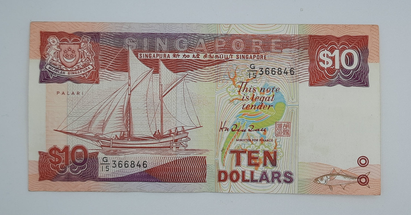 1988 SINGAPORE Singapura 10 (Ten) Singapore Dollars SGD Banknote Serial No. G15 366846 P-20