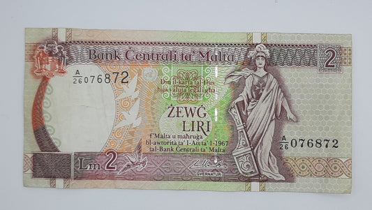 1994 Bank Centrali ta' Malta - 2 Maltese Pounds / Lira Banknote P-45d Serial No. A26 076872