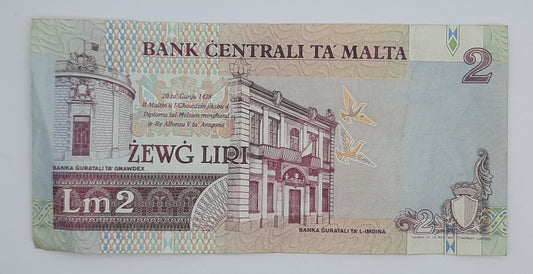 1994 Bank Centrali ta' Malta - 2 Maltese Pounds / Lira Banknote P-45d Serial No. A26 076872