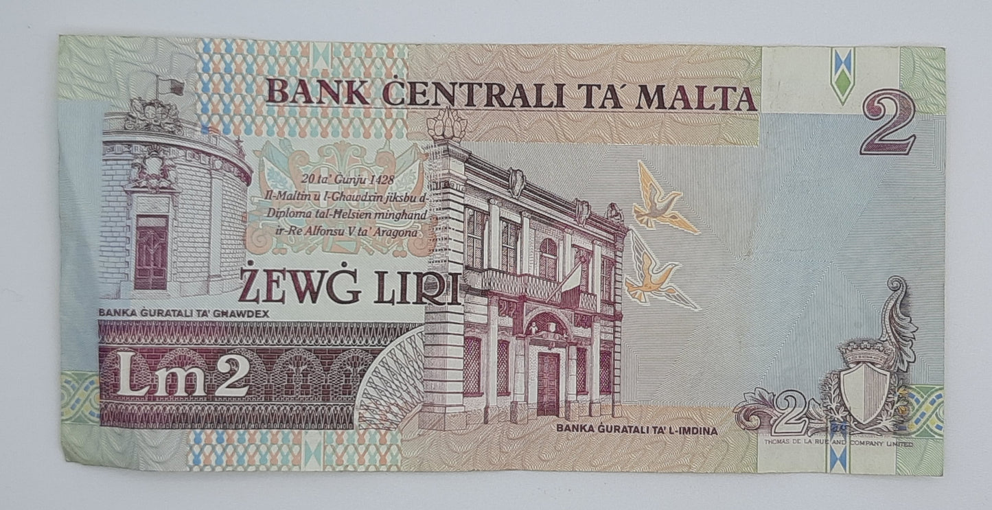 1994 Bank Centrali ta' Malta - 2 Maltese Pounds / Lira Banknote P-45d Serial No. A26 076872