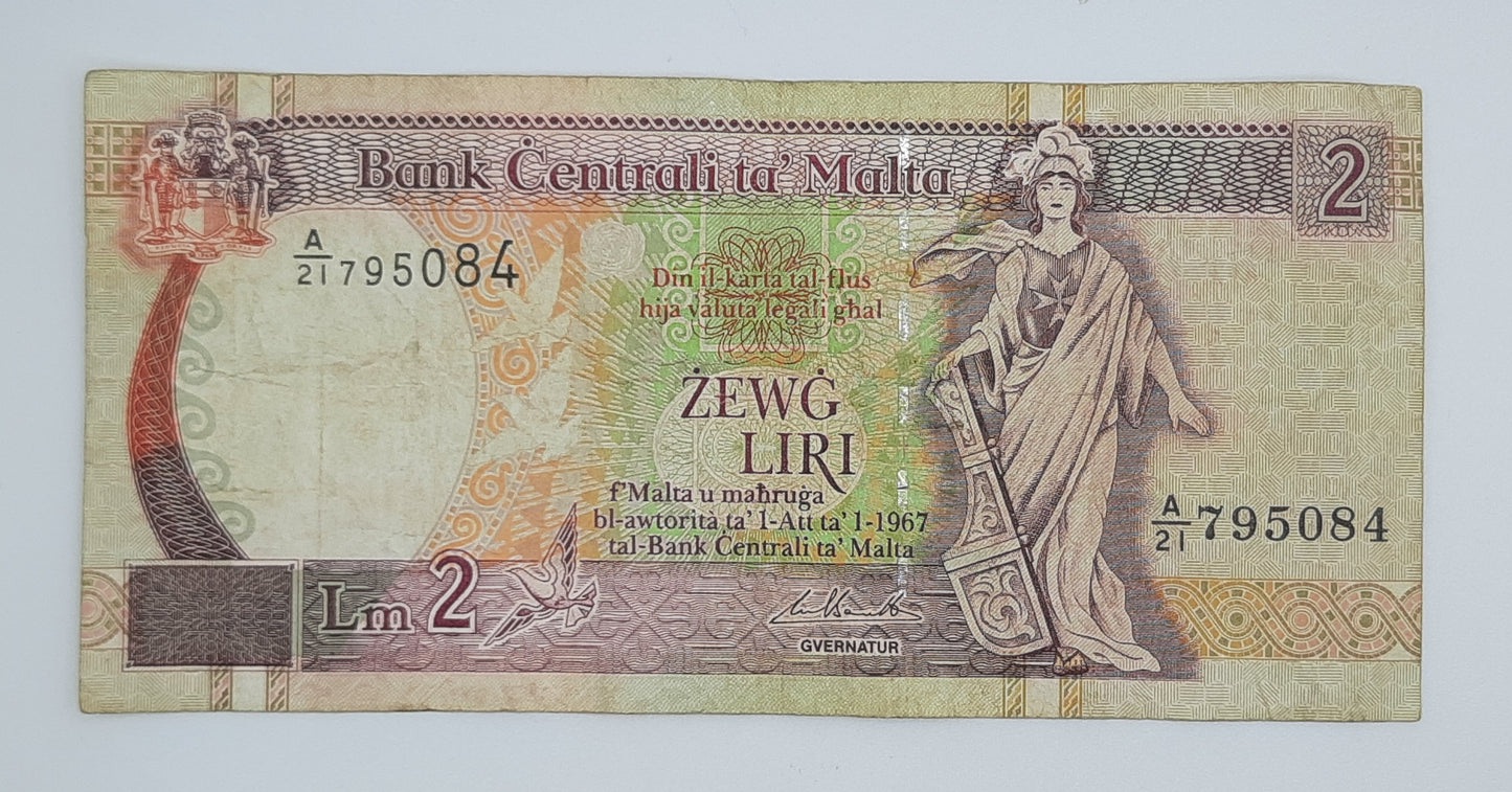 1994 Bank Centrali ta' Malta - 2 Maltese Pounds / Lira Banknote P-45d Serial No. A21 795084