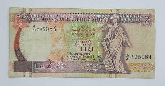1994 Bank Centrali ta' Malta - 2 Maltese Pounds / Lira Banknote P-45d Serial No. A21 795084