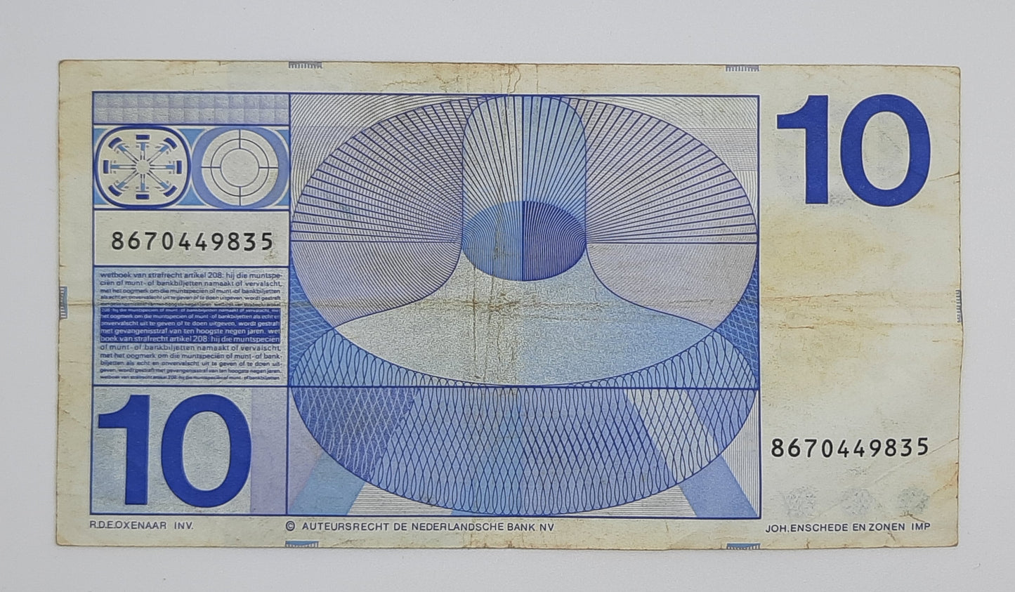 1968 Netherlands De Nederlandsche Bank - 10 Dutch Gulden Banknote P-91 Serial No. 8670449835