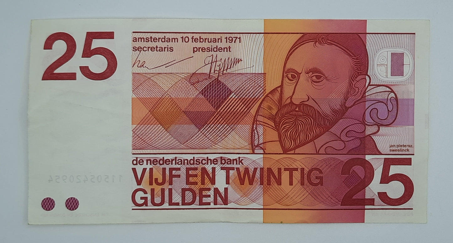 1971 Netherlands De Nederlandsche Bank - 25 Dutch Gulden Banknote P-92 Serial No. 115054209654