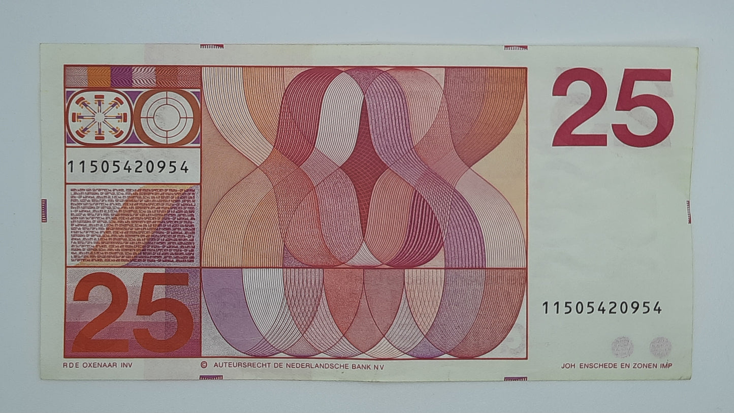 1971 Netherlands De Nederlandsche Bank - 25 Dutch Gulden Banknote P-92 Serial No. 115054209654