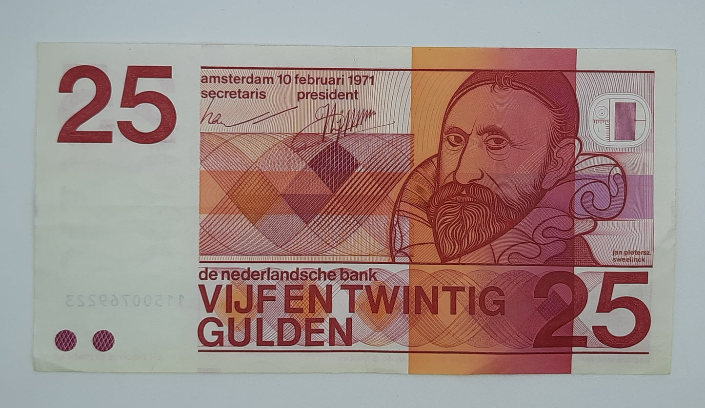 1971 Netherlands De Nederlandsche Bank - 25 Dutch Gulden Banknote P-92 Serial No. 11500769223