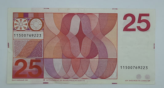 1971 Netherlands De Nederlandsche Bank - 25 Dutch Gulden Banknote P-92 Serial No. 11500769223