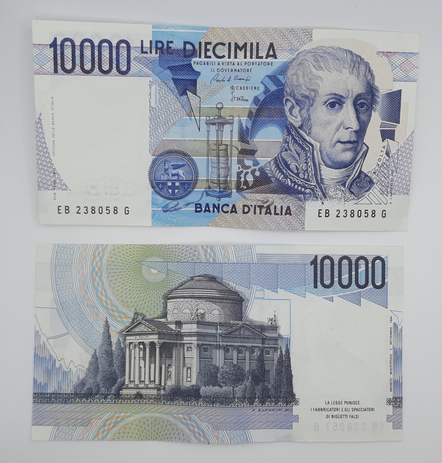 1984 Banca D'Italia, Italy - 10000 Italian Lire ITL Banknote P-112 Alessandro Volta
