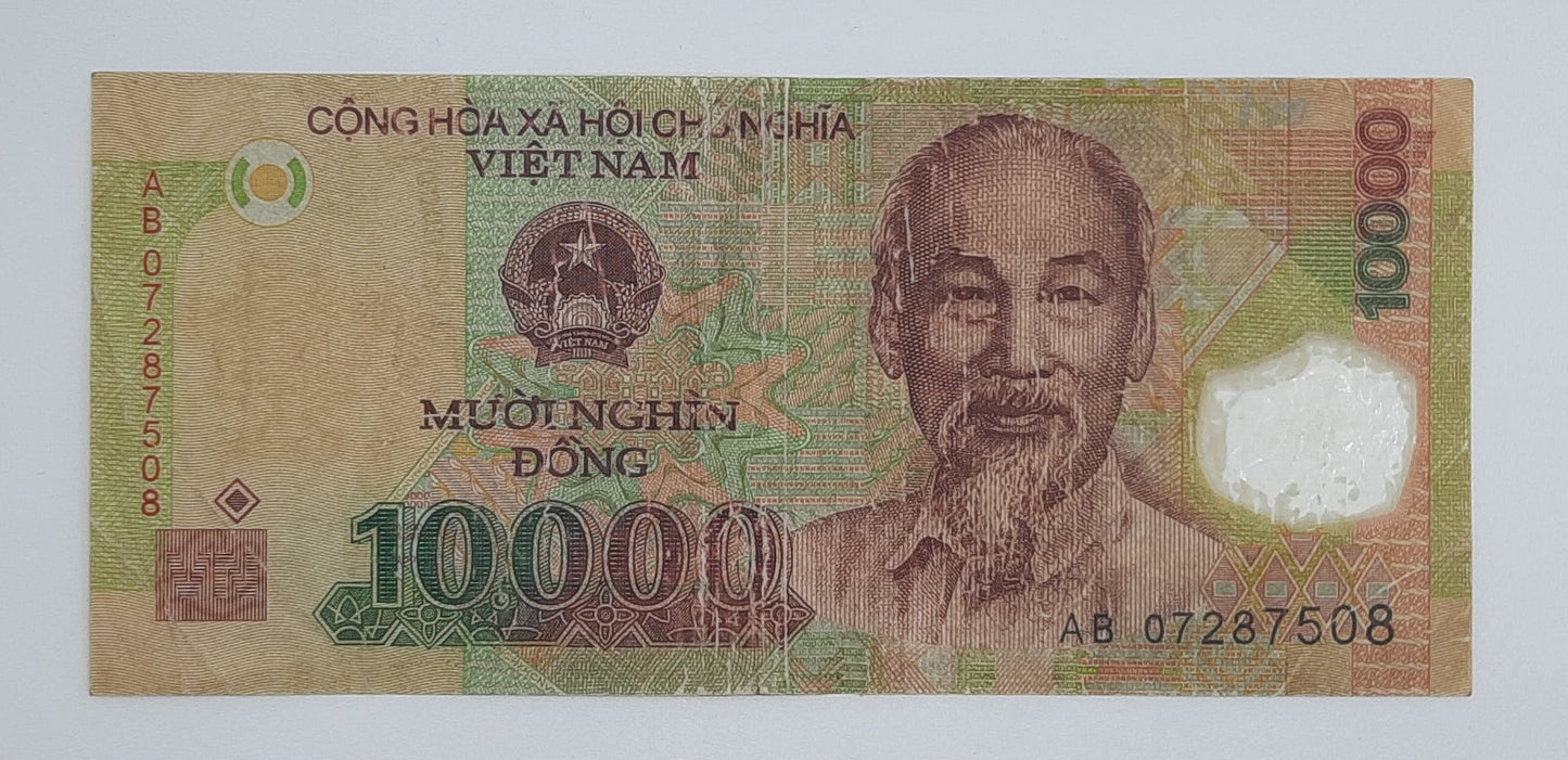 2007 Vietnam, Cong Hoa Xa Hoi Chu Nghia - 10000 Vietnamese Dong Banknote P-119b Serial No. AB 07287508
