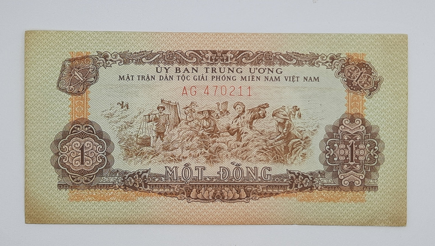 1963 South Vietnam Ngan-Hang Quoc-Gia Viet-nam 1 Vietnamese Dong Banknote P-R4 Serial No. AG 470211