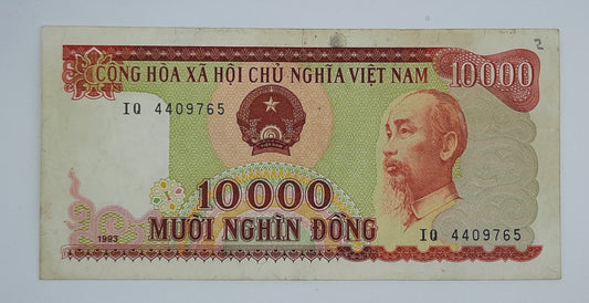 1993 Vietnam, Cong Hoa Xa Hoi Chu Nghia - 10000 Vietnamese Dong Banknote P-109 Serial No. IQ 4409765