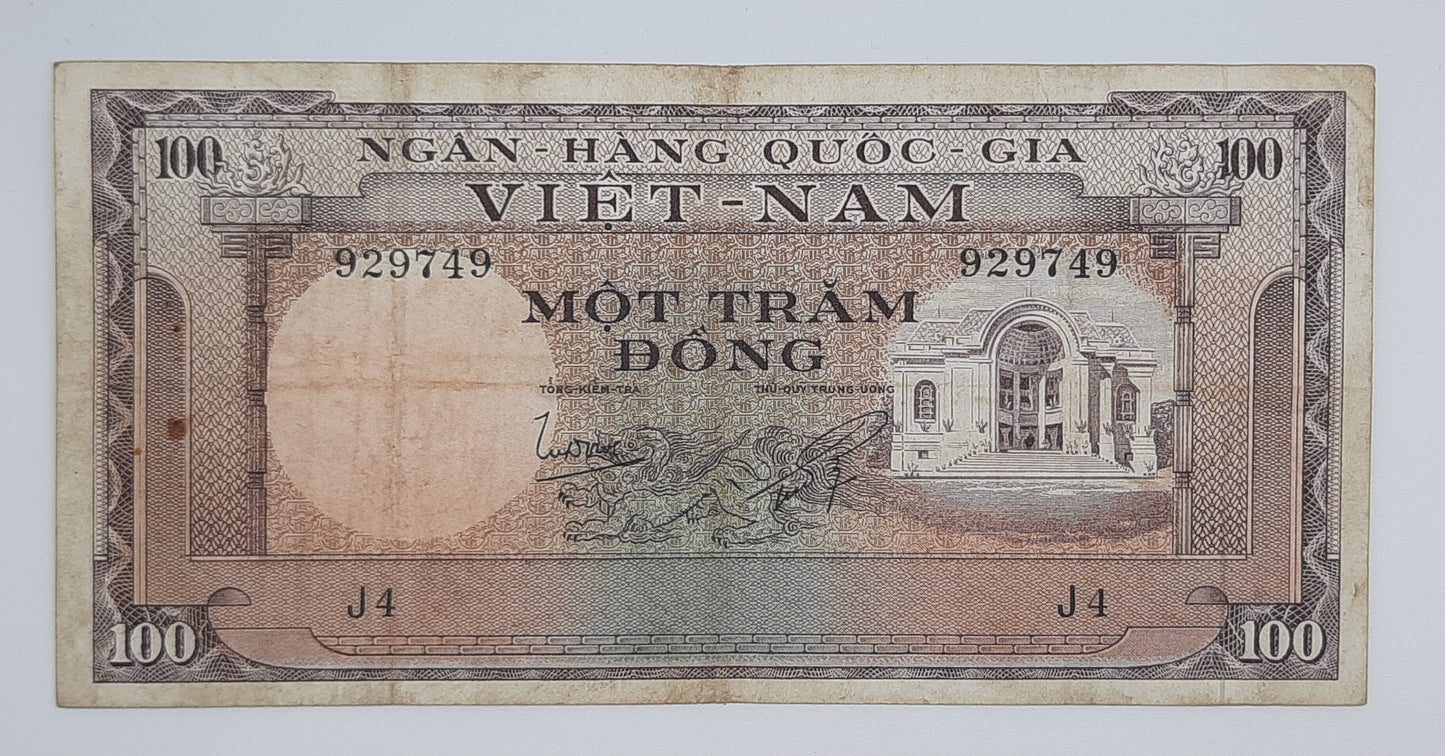 1966 South Vietnam Ngan-Hang Quoc-Gia Viet-nam 100 Vietnamese Dong Banknote P-18 Serial No. J4 929749