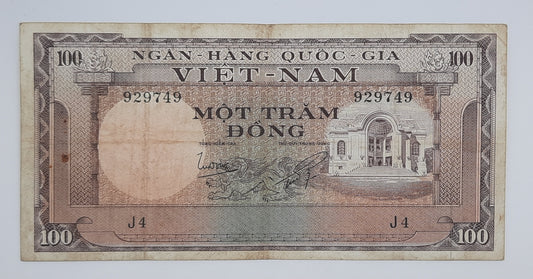 1966 South Vietnam Ngan-Hang Quoc-Gia Viet-nam 100 Vietnamese Dong Banknote P-18 Serial No. J4 929749