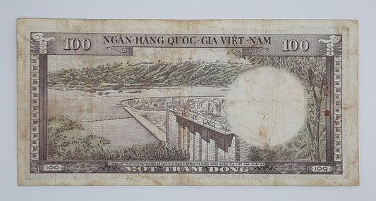 1966 South Vietnam Ngan-Hang Quoc-Gia Viet-nam 100 Vietnamese Dong Banknote P-18 Serial No. J4 929749
