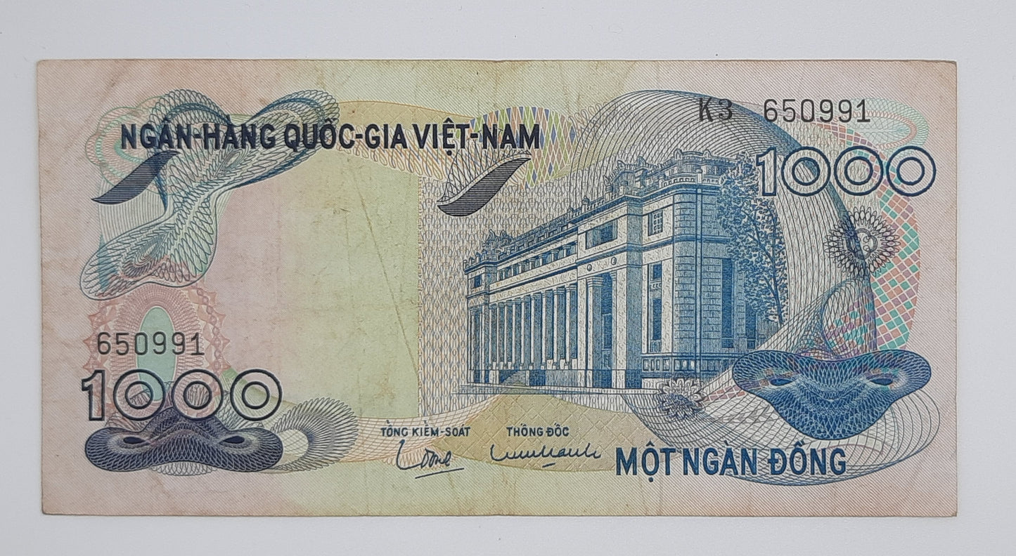 1971 South Vietnam Ngan-Hang Quoc-Gia Viet-nam 1000 Vietnamese Dong Banknote P-29 Serial No. K3 650991