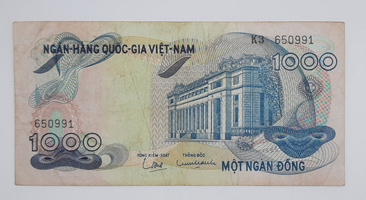 1971 South Vietnam Ngan-Hang Quoc-Gia Viet-nam 1000 Vietnamese Dong Banknote P-29 Serial No. K3 650991